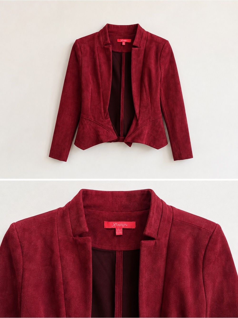 Xtaren Wine Red Suede Open-Front Blazer Jacket